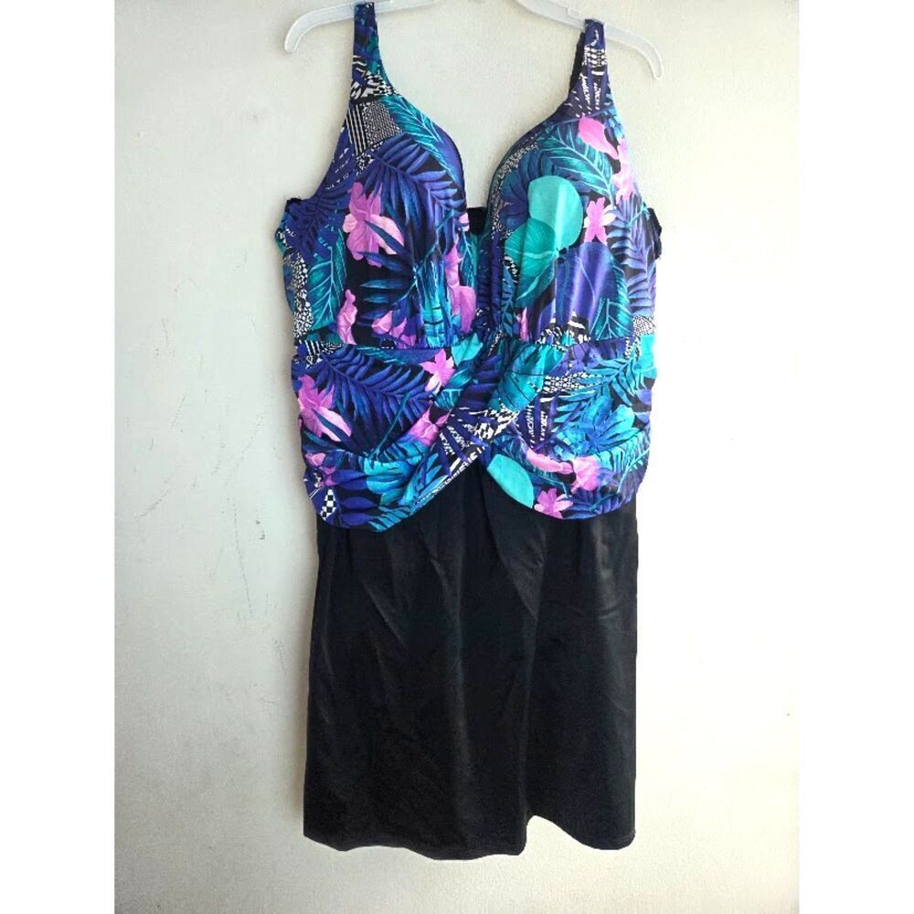 NWT Swimsuits for All Blue Purple Floral w/Black 1 Piece Swimsuit Dress size 28